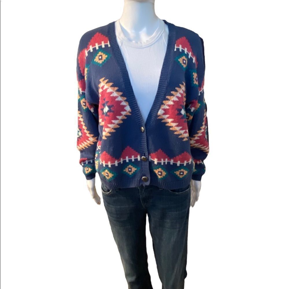 Vintage Nuovo Southwestern Knit 3 Button Cardigan Sweater Womens Medium Blue Pin